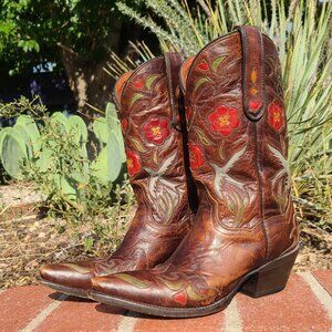 Vtg Dan Post Brown Pointed Toe Boots 6.5 Embroidered Flowers Bluebirds Hearts
